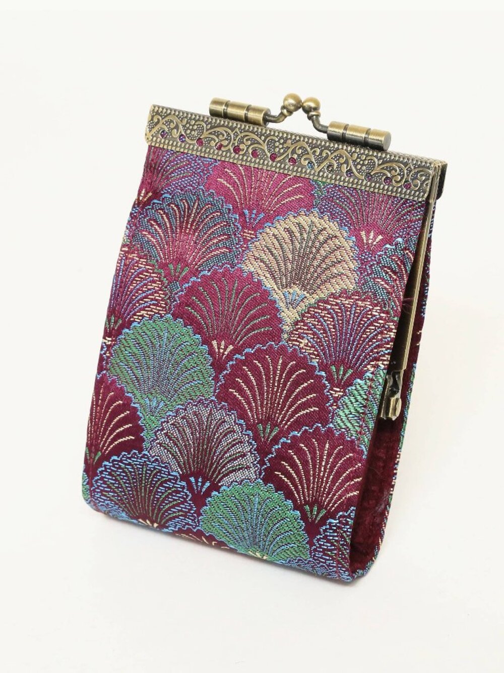 Seashell Brocade Card Holder with RFID | Burgundy & Green